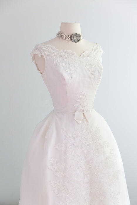 Late 1950's Marie Antoinette Wedding Gown With Floral Lace with Bows / S