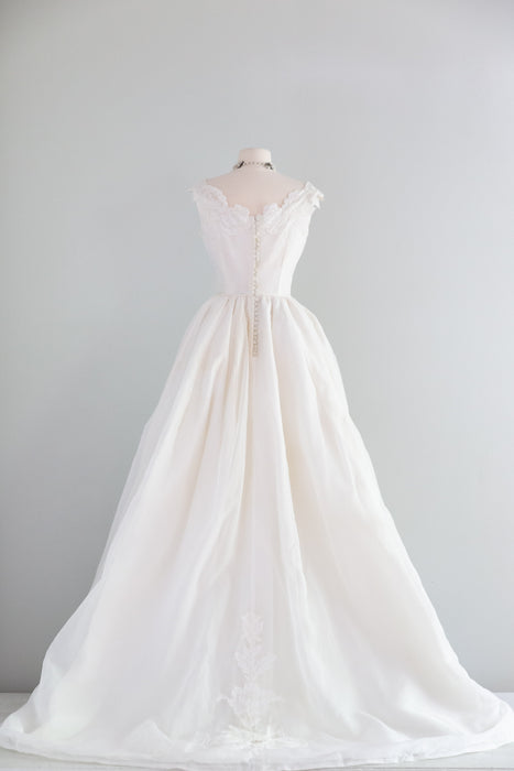 Late 1950's Marie Antoinette Wedding Gown With Floral Lace with Bows / S