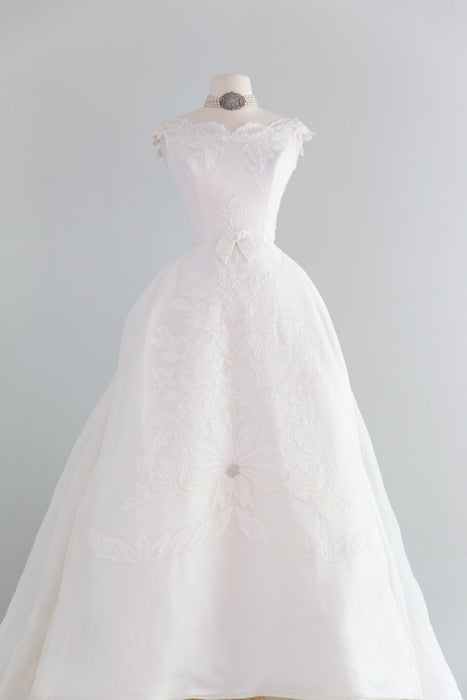 Late 1950's Marie Antoinette Wedding Gown With Floral Lace with Bows / S