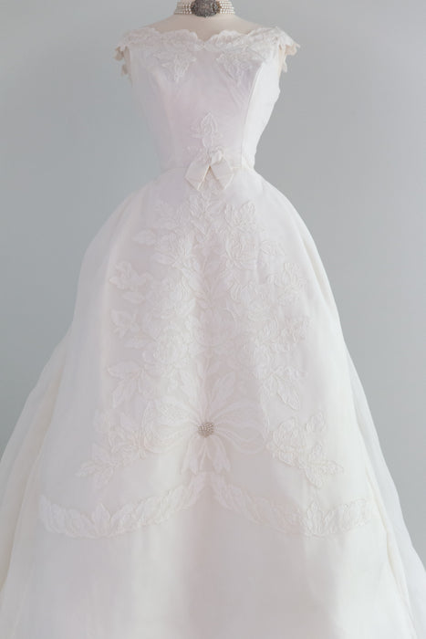 Late 1950's Marie Antoinette Wedding Gown With Floral Lace with Bows / S