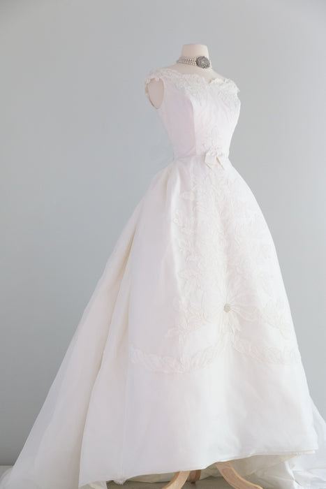 Late 1950's Marie Antoinette Wedding Gown With Floral Lace with Bows / S
