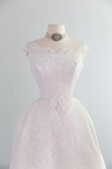Late 1950's Marie Antoinette Wedding Gown With Floral Lace with Bows / S