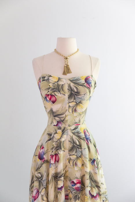 Gorgeous Early 1950's Floral Print Seersucker Garden Party Gown / XS