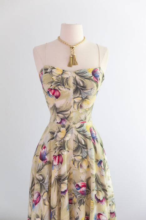 Gorgeous Early 1950's Floral Print Seersucker Garden Party Gown / XS