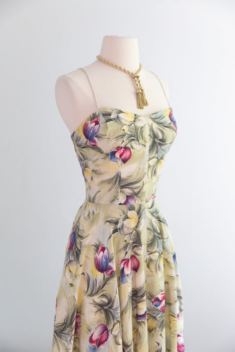 Gorgeous Early 1950's Floral Print Seersucker Garden Party Gown / XS