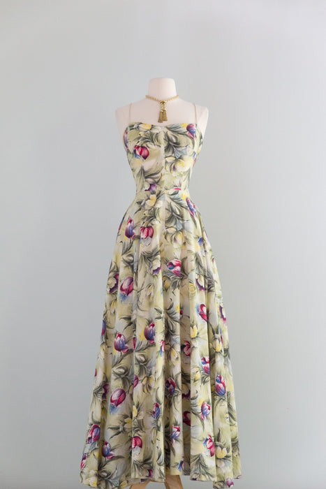 Gorgeous Early 1950's Floral Print Seersucker Garden Party Gown / XS