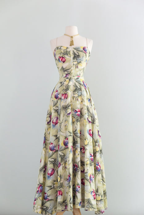 Gorgeous Early 1950's Floral Print Seersucker Garden Party Gown / XS – Xtabay Vintage
