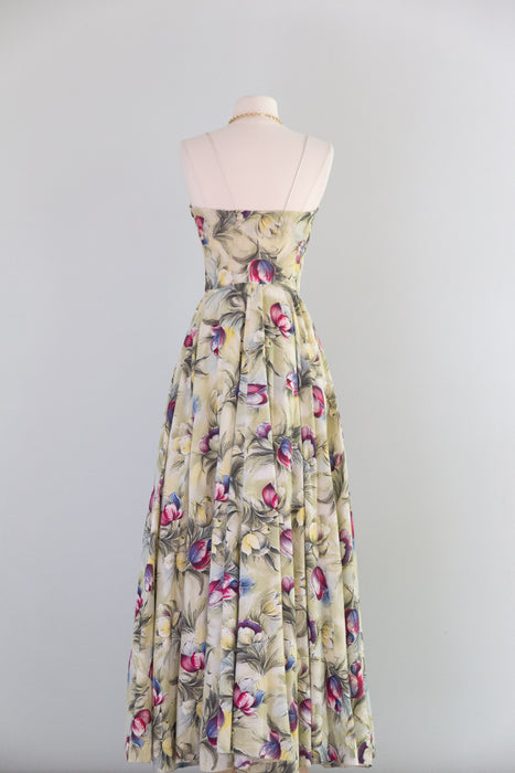 Gorgeous Early 1950's Floral Print Seersucker Garden Party Gown / XS
