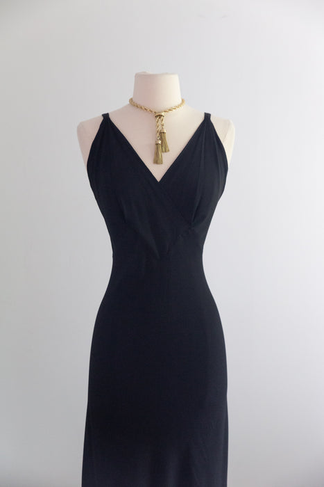 Sublime 1930's Black Bias Cut Evening Gown a la Madame X In Rayon Crepe / SM