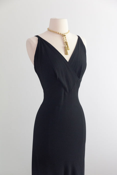 Sublime 1930's Black Bias Cut Evening Gown a la Madame X In Rayon Crepe / SM