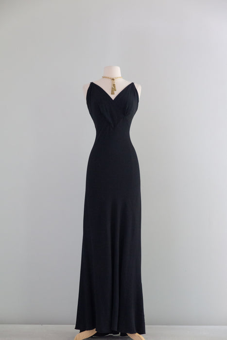 Sublime 1930's Black Bias Cut Evening Gown a la Madame X In Rayon Crepe / SM
