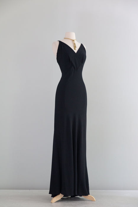 Sublime 1930's Black Bias Cut Evening Gown a la Madame X In Rayon Crepe / SM