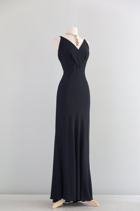Sublime 1930's Black Bias Cut Evening Gown a la Madame X In Rayon Crepe / SM
