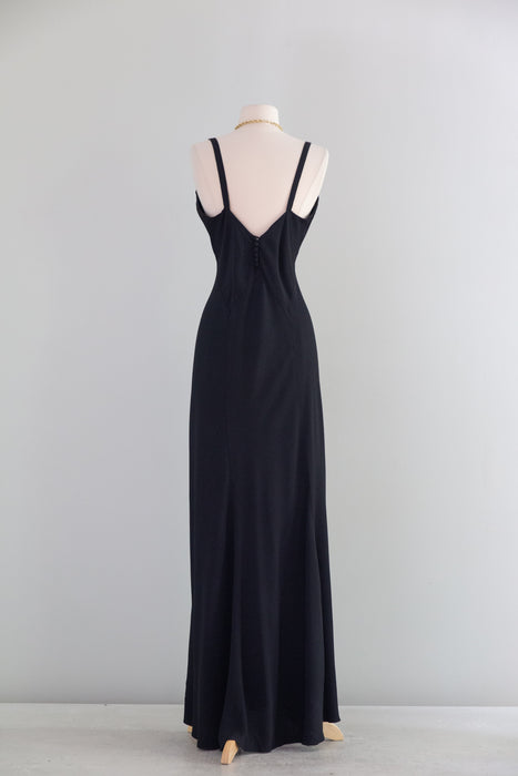 Sublime 1930's Black Bias Cut Evening Gown a la Madame X In Rayon Crepe / SM
