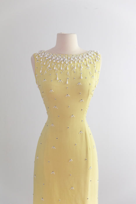 Stunning 1960's Beaded Silk Cocktail Dress In Lemon Meringue / M