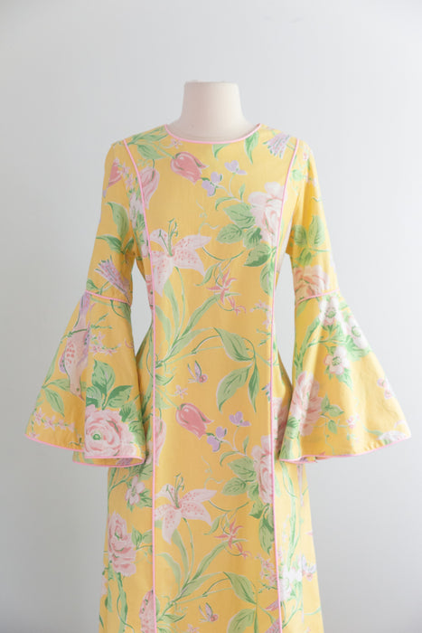 Fabulous 1980's Lemon Floral Print Cotton Chintz Kaftan / Large