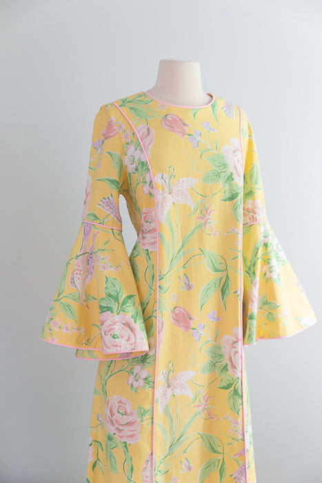 Fabulous 1980's Lemon Floral Print Cotton Chintz Kaftan / Large