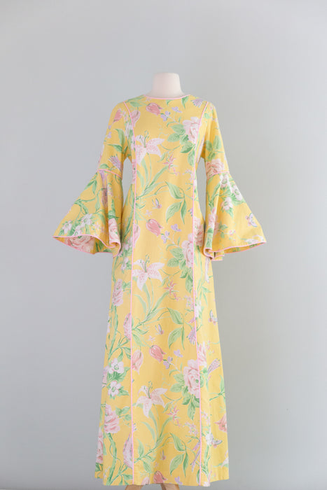Fabulous 1980's Lemon Floral Print Cotton Chintz Kaftan / Large
