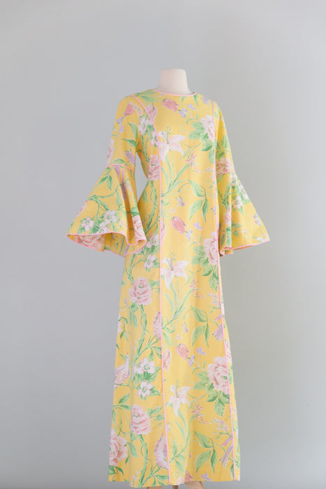 Fabulous 1980's Lemon Floral Print Cotton Chintz Kaftan / Large