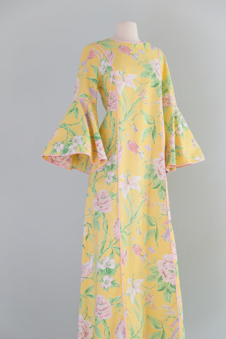 Fabulous 1980's Lemon Floral Print Cotton Chintz Kaftan / Large
