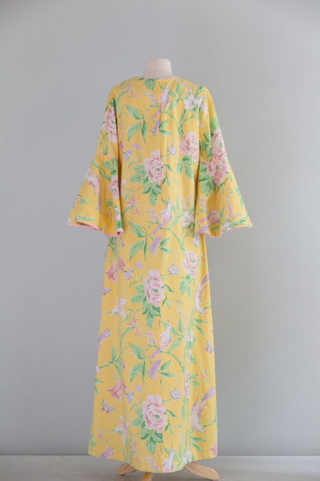 Fabulous 1980's Lemon Floral Print Cotton Chintz Kaftan / Large