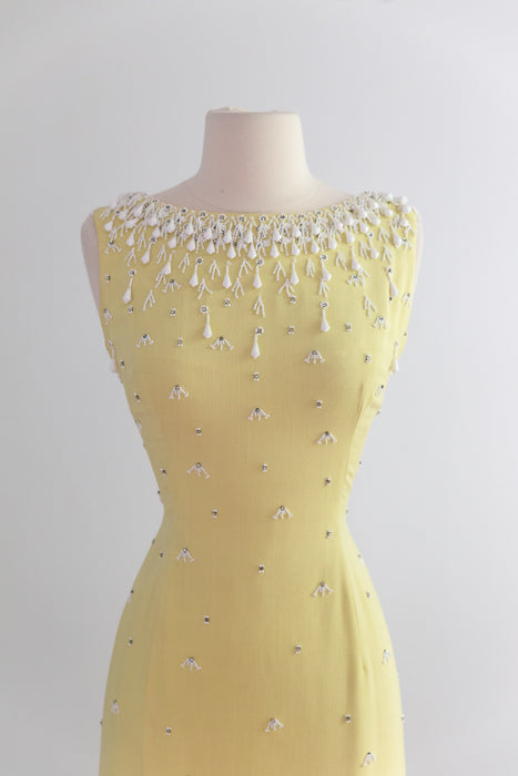 Stunning 1960's Beaded Silk Cocktail Dress In Lemon Meringue / M