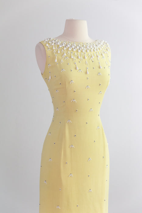 Stunning 1960's Beaded Silk Cocktail Dress In Lemon Meringue / M