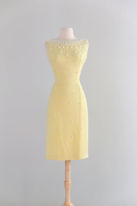 Stunning 1960's Beaded Silk Cocktail Dress In Lemon Meringue / M