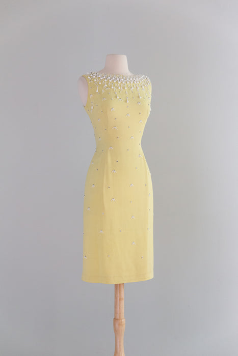 Stunning 1960's Beaded Silk Cocktail Dress In Lemon Meringue / M