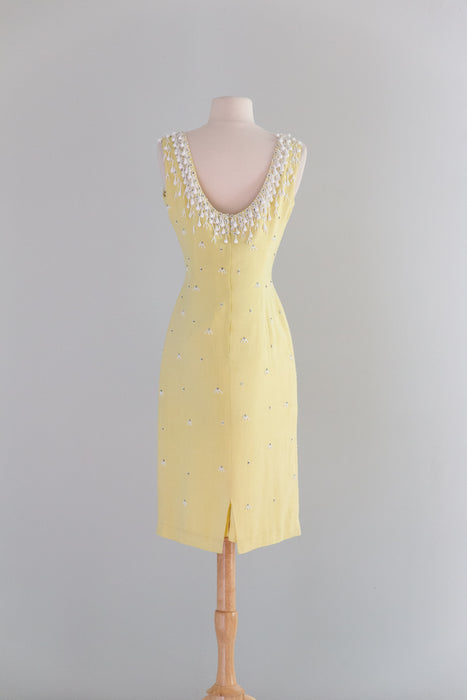 Stunning 1960's Beaded Silk Cocktail Dress In Lemon Meringue / M