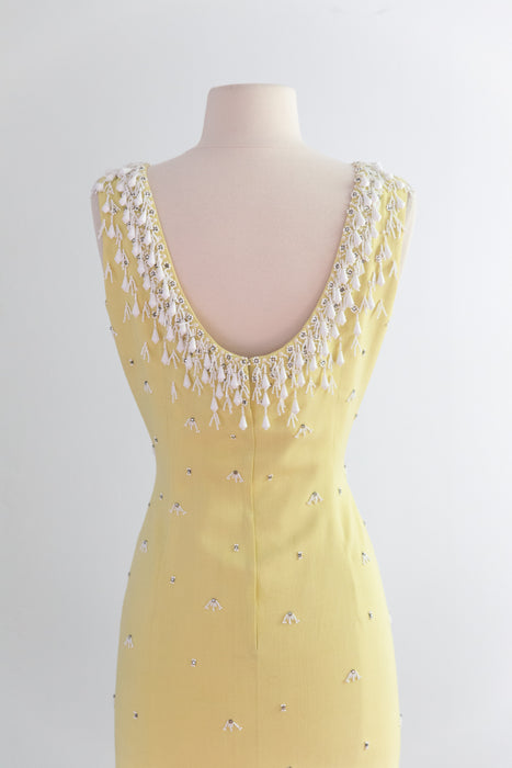 Stunning 1960's Beaded Silk Cocktail Dress In Lemon Meringue / M