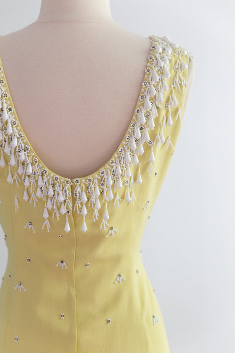 Stunning 1960's Beaded Silk Cocktail Dress In Lemon Meringue / M