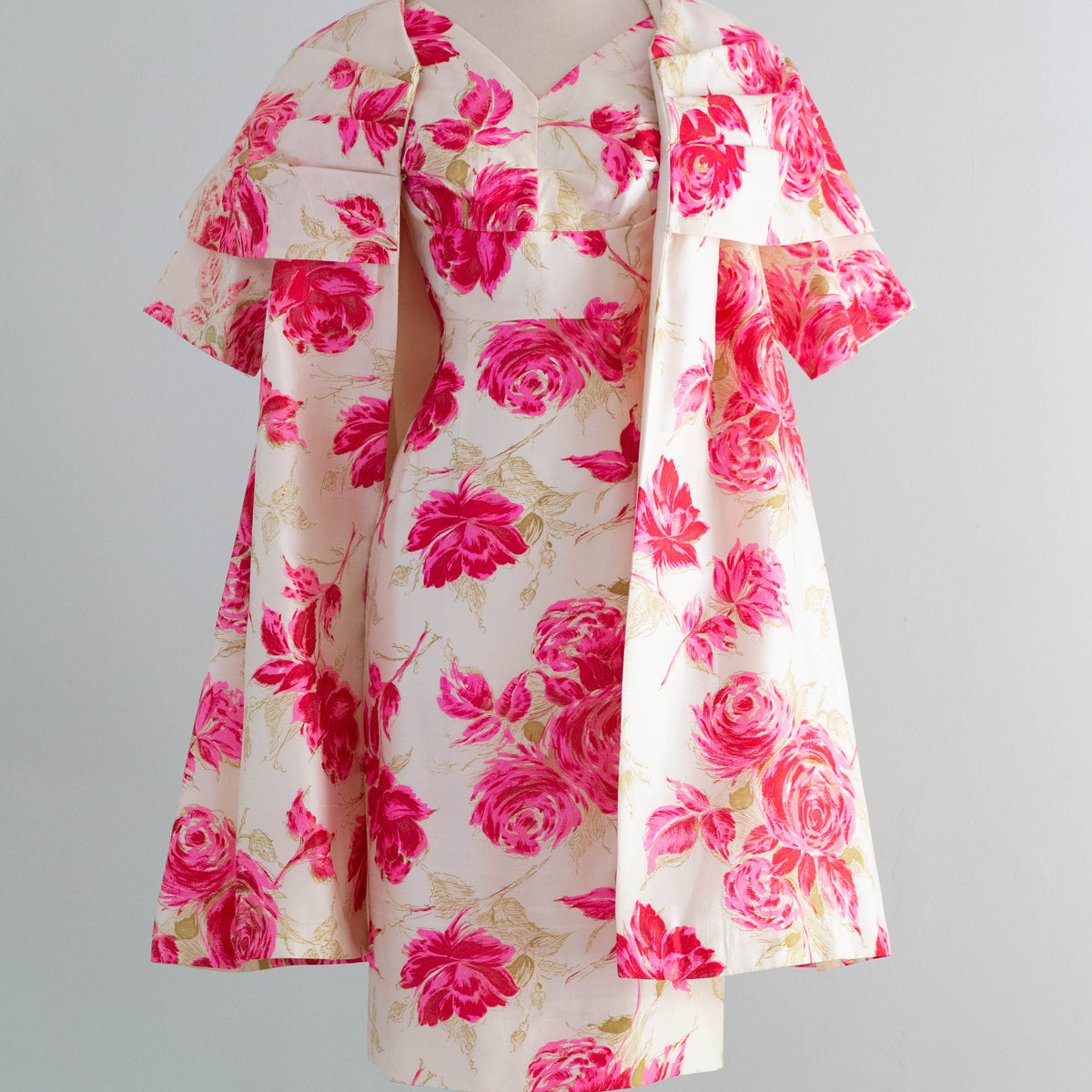 Iconic 1950's Silk Rose Print Cocktail Dress & Matching Opera Coat
