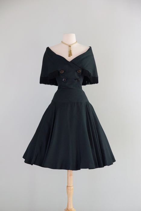 Stunning 1950's Jacques Fath Black Silk Cocktail Dress With Fringe Collar AS IS / Small