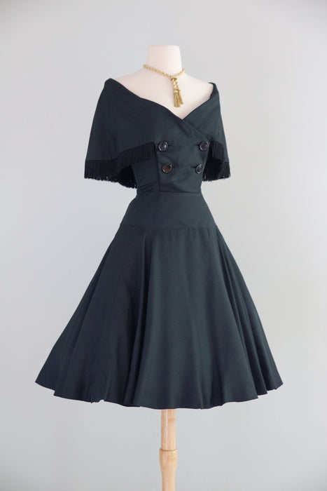Stunning 1950's Jacques Fath Black Silk Cocktail Dress With Fringe Collar AS IS / Small