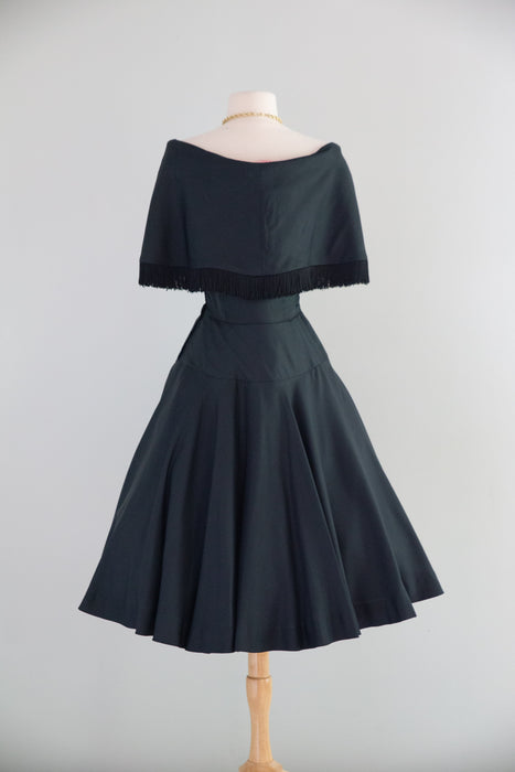 Stunning 1950's Jacques Fath Black Silk Cocktail Dress With Fringe Collar AS IS / Small