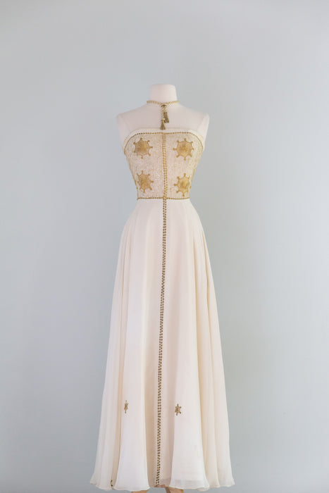 Spectacular Late 1940's Pauline Lake Sun Goddess Embroidered Evening Gown / SM