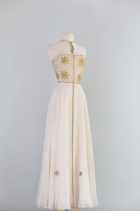 Spectacular Late 1940's Pauline Lake Sun Goddess Embroidered Evening Gown / SM