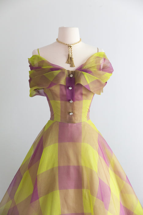 Fabulous 1950's Silk Organza Party Dress In Green & Purple Windowpane Plaid / M