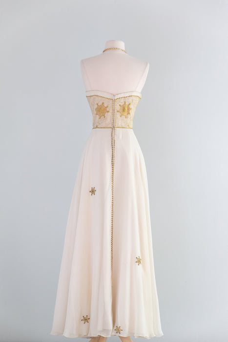 Spectacular Late 1940's Pauline Lake Sun Goddess Embroidered Evening Gown / SM