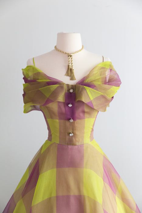 Fabulous 1950's Silk Organza Party Dress In Green & Purple Windowpane Plaid / M