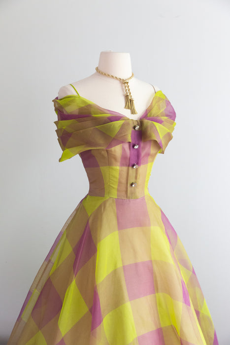 Fabulous 1950's Silk Organza Party Dress In Green & Purple Windowpane Plaid / M