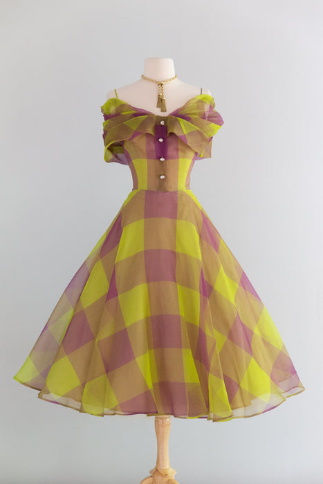 Fabulous 1950's Silk Organza Party Dress In Green & Purple Windowpane Plaid / M