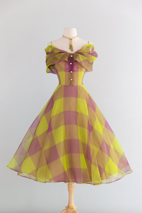Fabulous 1950's Silk Organza Party Dress In Green & Purple Windowpane Plaid / M