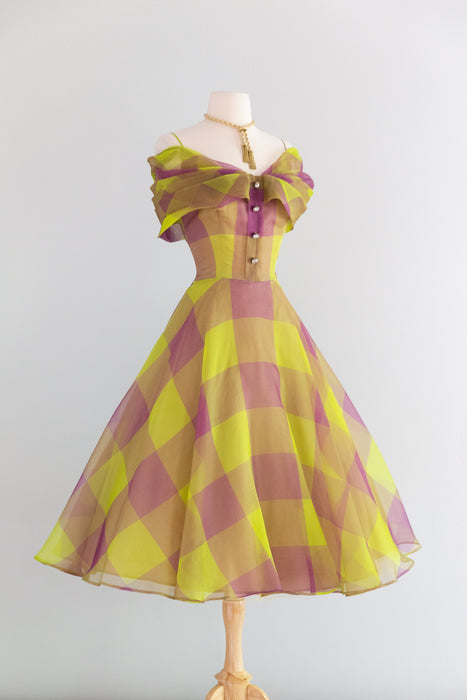 Fabulous 1950's Silk Organza Party Dress In Green & Purple Windowpane Plaid / M