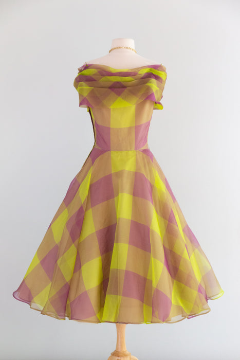 Fabulous 1950's Silk Organza Party Dress In Green & Purple Windowpane Plaid / M