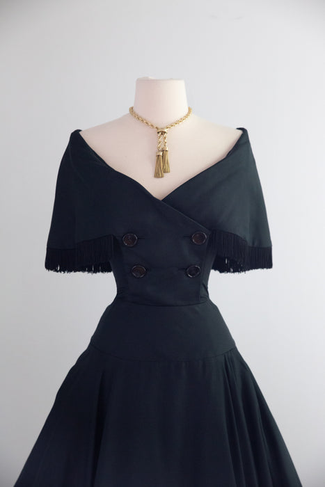 Stunning 1950's Jacques Fath Black Silk Cocktail Dress With Fringe Collar AS IS / Small