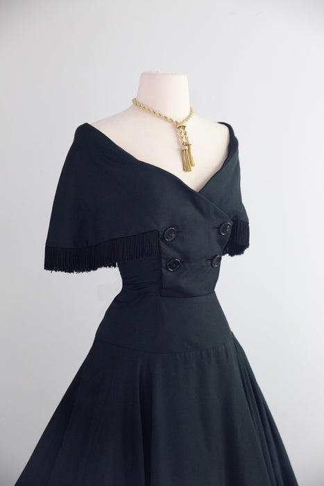 Stunning 1950's Jacques Fath Black Silk Cocktail Dress With Fringe Collar AS IS / Small