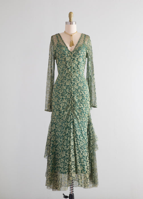 Stunning 1920's Poison Ivy Green Lace Evening Dress With Wings / Small