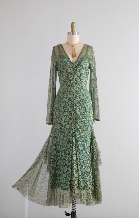 Stunning 1920's Poison Ivy Green Lace Evening Dress With Wings / Small